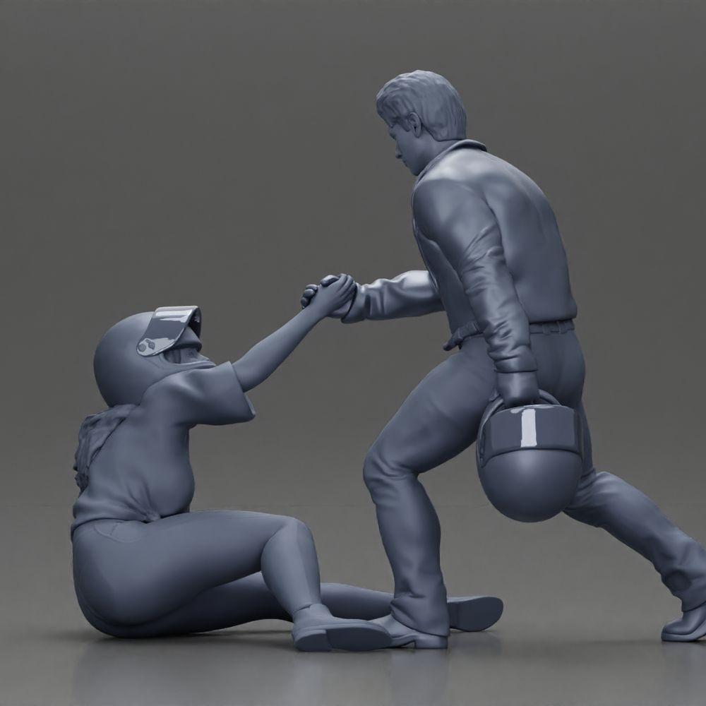 Diorama model building product photo 17: miniature diorama: man helps fallen biker, holds motorcycle helmet (Ref No. A91)