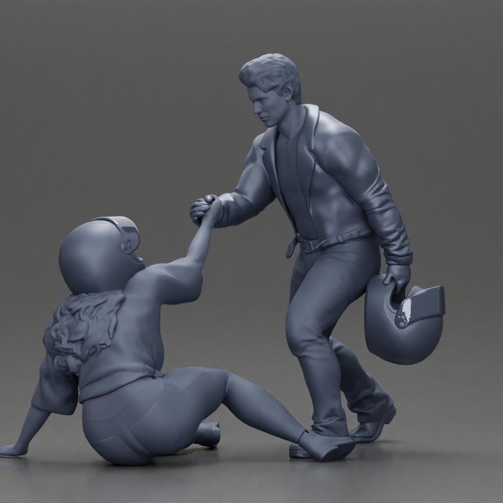 Diorama model building product photo 18: miniature diorama: man helps fallen biker, holds motorcycle helmet (Ref No. A91)