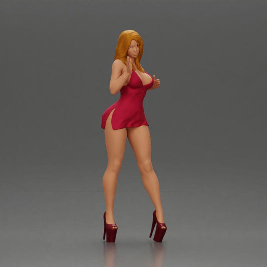 Diorama model building product photo 0: Diorama female figure: Elegant standing woman in a red dress with platform shoes (Ref No. A134)