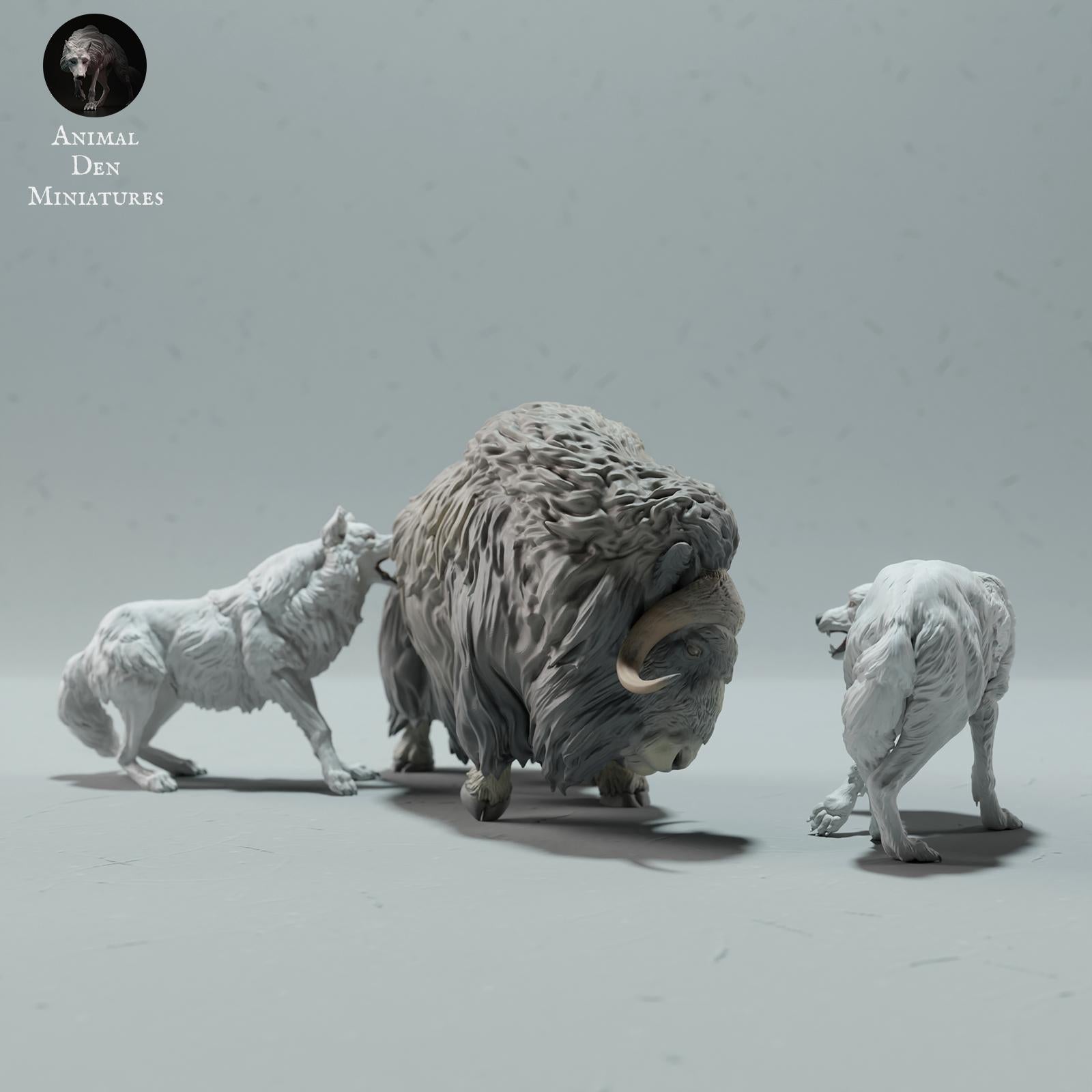 Product photo Animal Figure Diorama, Model Building: 0: Wildlife Figures: Arctic Wolves Hunting Musk Ox (Ref 01_01_62)