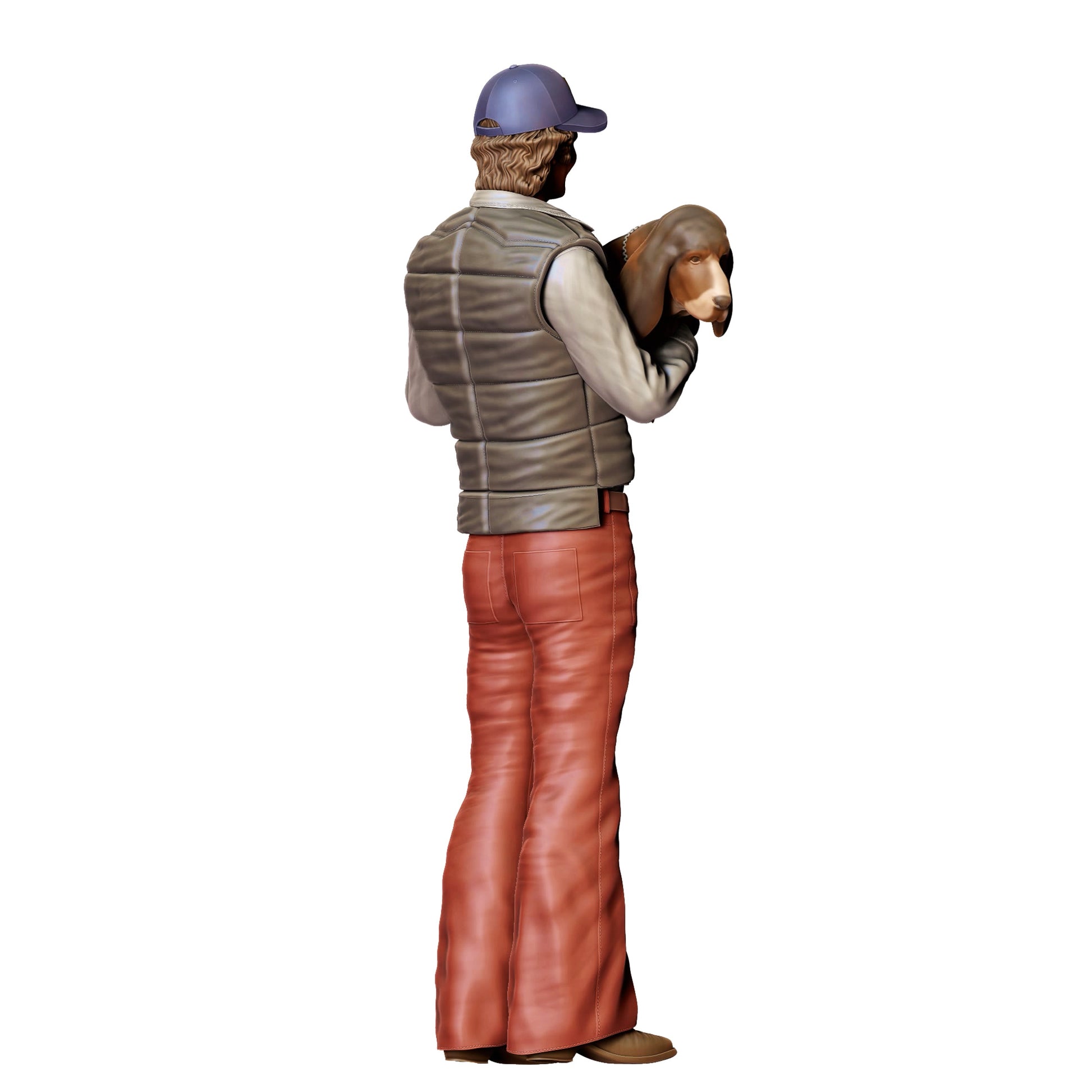 Diorama Modellbau Produktfoto 0: Mann mit Hund auf dem Arm – Figur in Arbeitskleidung mit Basecap (Ref. Nr. 401)
