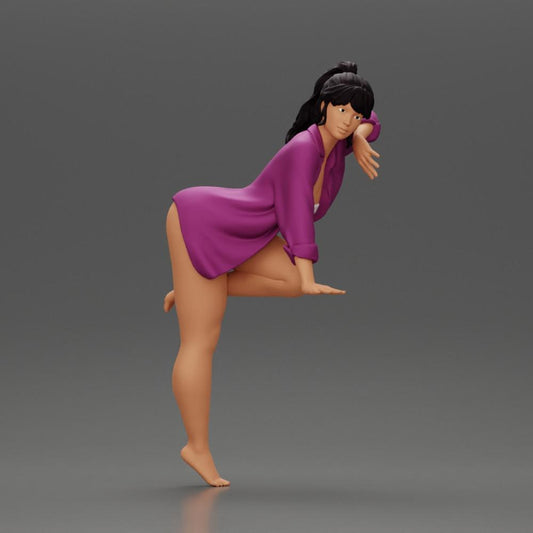 Diorama Modellbau Produktfoto 0: Diorama-Miniatur: Weibliche Figur im langen Hemd und Bikini, am Tisch lehnend (Ref Nr. A52)