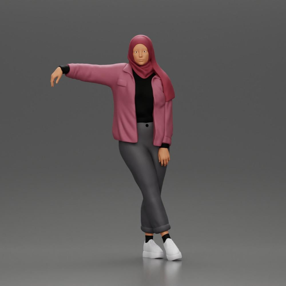 Diorama model building product photo 0: Diorama figure woman with headscarf and jacket, leaning against the car, arm outstretched (Ref No. A59)