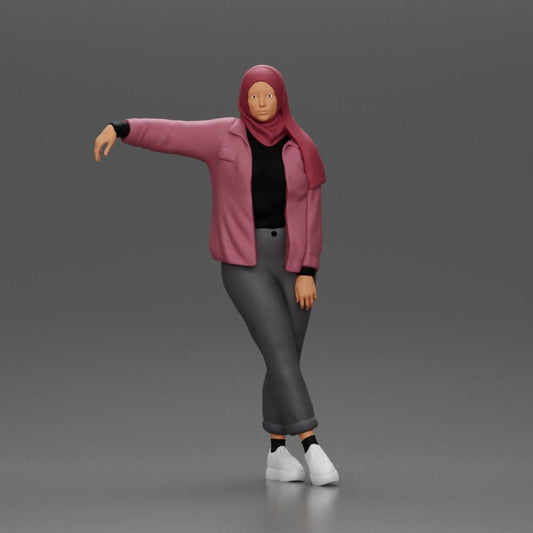 Diorama Modellbau Produktfoto 0: Diorama-Figur Frau mit Kopftuch und Jacke, am Auto lehnend, Arm ausgestreckt (Ref Nr. A59)