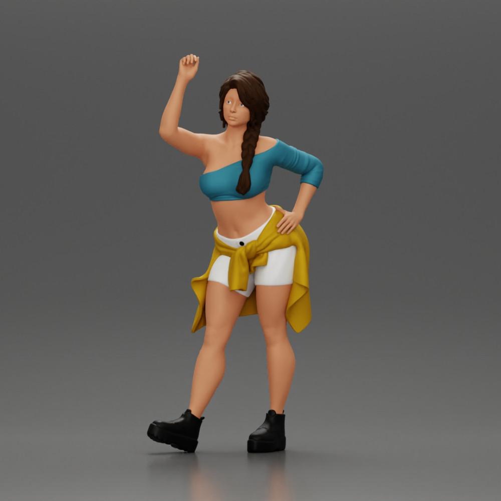 Diorama model building product photo 0: miniature figure: girl in top & shorts, shirt tied around waist, arm raised (Ref No. A56)