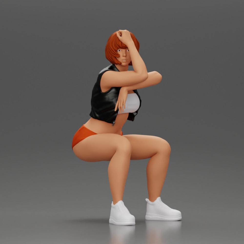 Diorama Modellbau Produktfoto 0: Sitzende Miniaturfigur: Frau mit kurzer Lederjacke, Top, Shorts und Sneakers (Ref Nr. A61)