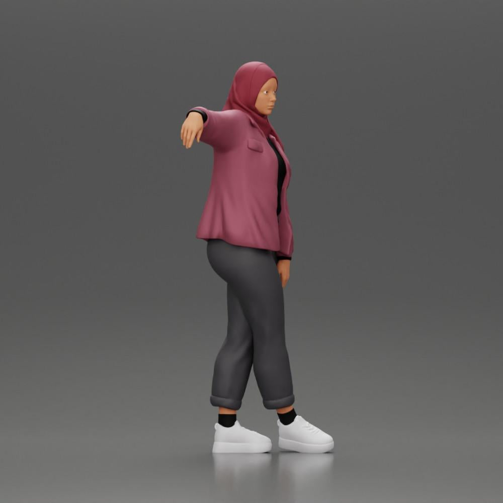 Diorama model building product photo 1: Diorama figure woman with headscarf and jacket, leaning against the car, arm outstretched (Ref No. A59)
