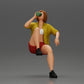 Diorama model building product photo 1: Miniature: Sitting young woman on chair, drawn leg, drinking from a cup (Ref No. A57)