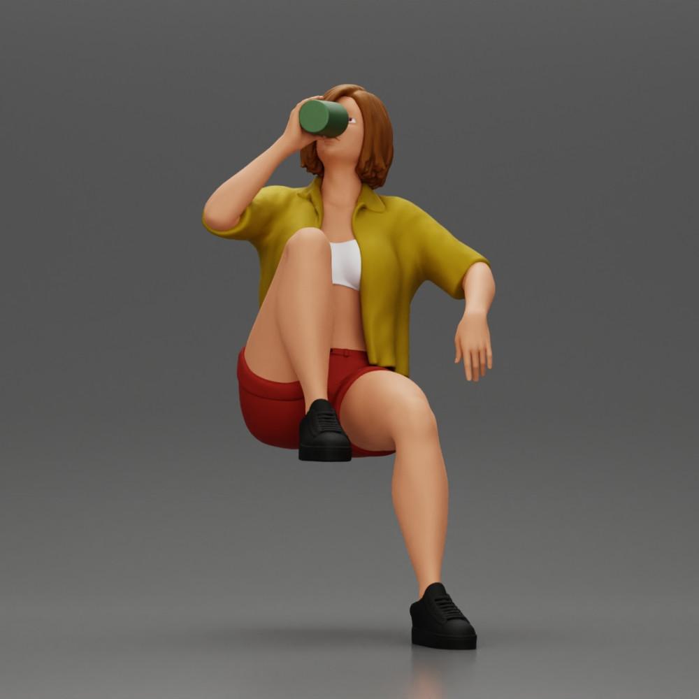 Diorama model building product photo 1: Miniature: Sitting young woman on chair, drawn leg, drinking from a cup (Ref No. A57)