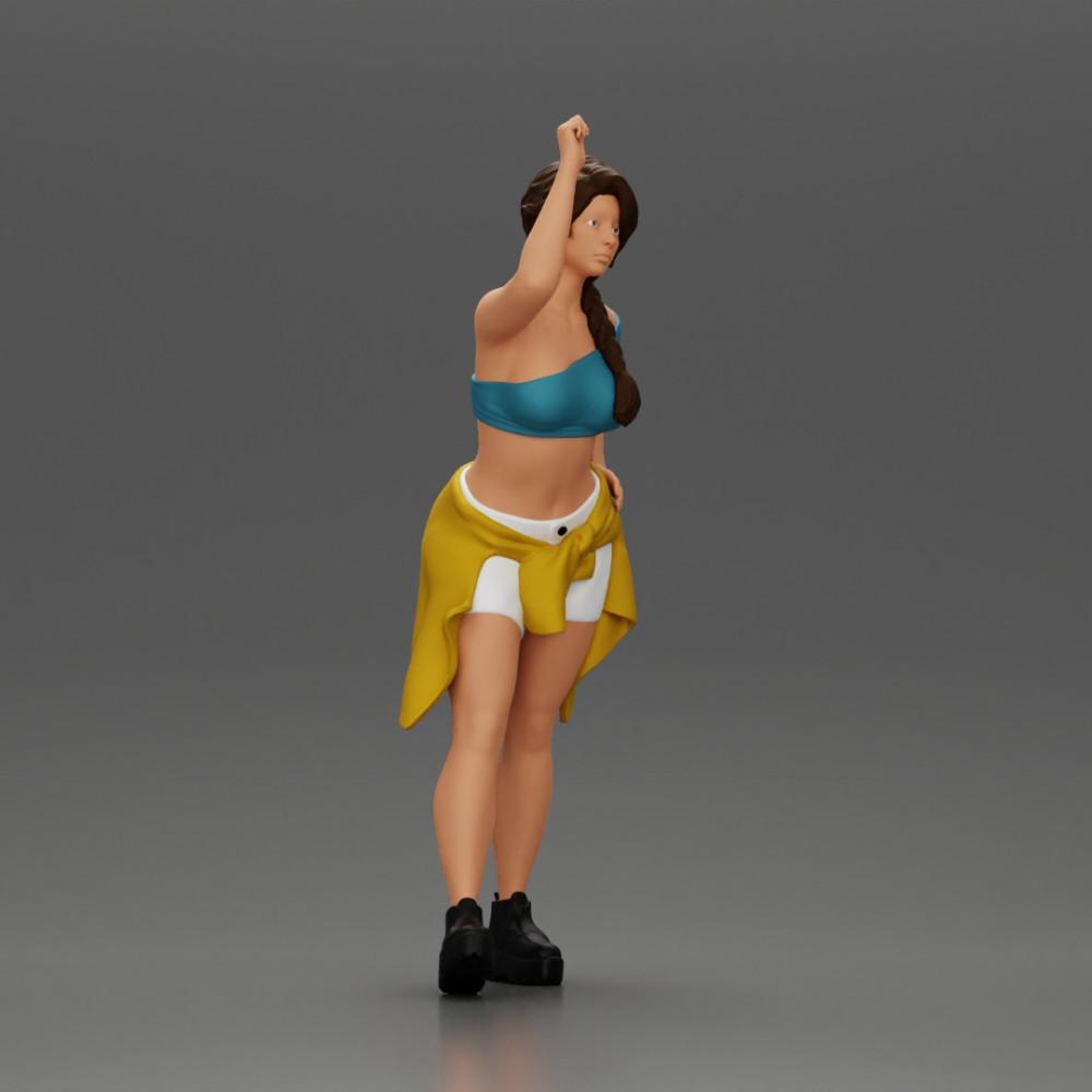 Diorama model building product photo 1: miniature figure: girl in top & shorts, shirt tied around waist, arm raised (Ref No. A56)