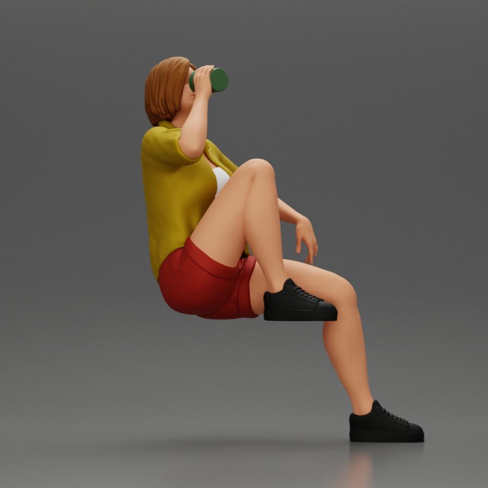 Diorama model building product photo 2: Miniature: Young woman sitting on a chair, drawn leg, drinking from a cup (Ref No. A57)