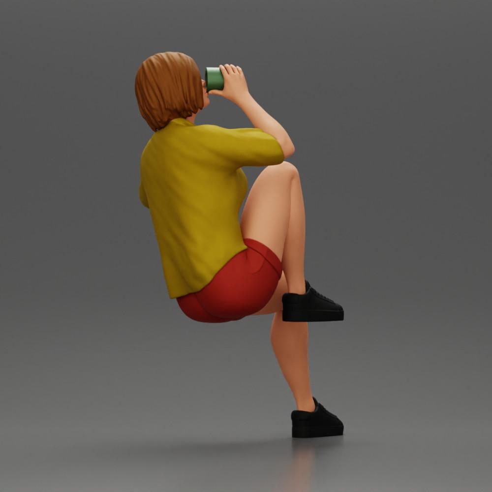 Diorama model building product photo 3: Miniature: Sitting young woman on chair, drawn leg, drinking from a cup (Ref No. A57)