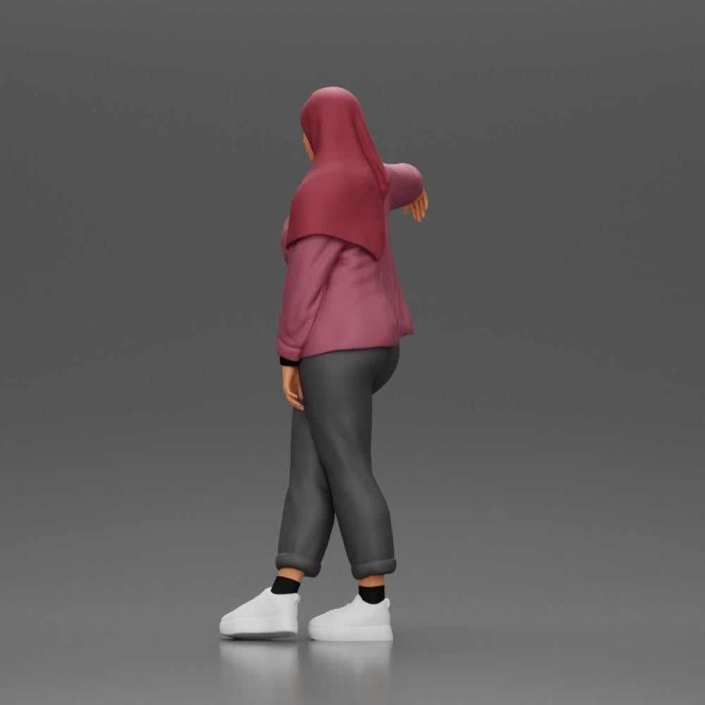 Diorama model building product photo 4: Diorama figure woman with headscarf and jacket, leaning against a car, arm extended (Ref No. A59)