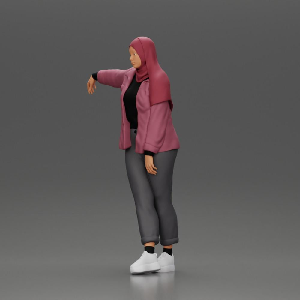 Diorama model building product photo 5: Diorama figure woman with headscarf and jacket, leaning against a car, arm outstretched (Ref No. A59)