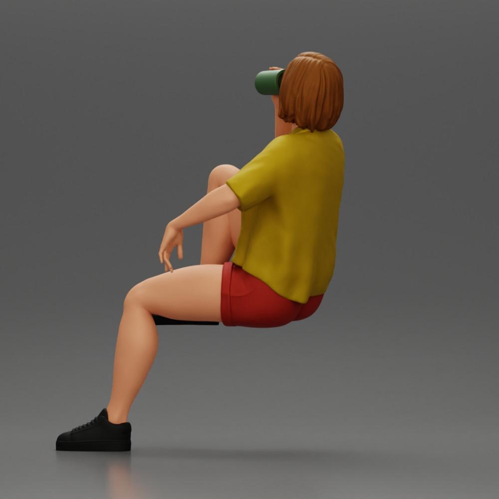 Diorama model building product photo 5: Miniature: Sitting young woman on chair, drawn leg, drinking from a cup (Ref No. A57)