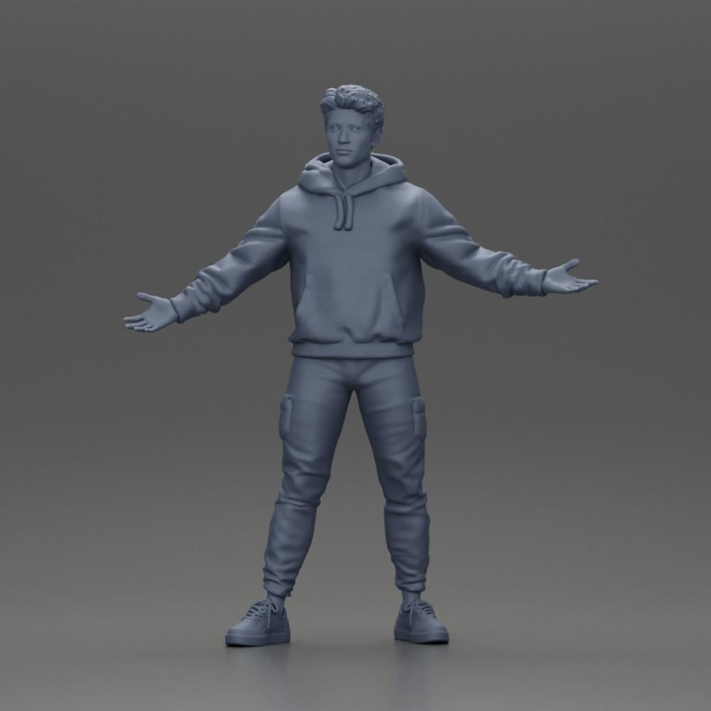 Diorama Modellbau Produktfoto 6: Miniaturfigur Asiatischer Mann in Kapuzenpullover, Arme seitlich erhoben (Ref Nr. A60)