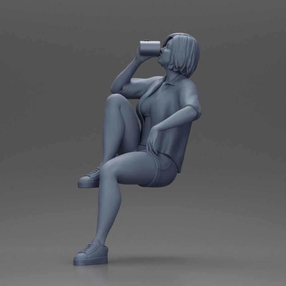 Diorama model building product photo 6: Miniature: Young woman sitting on a chair, bent leg, drinking from a cup (Ref No. A57)