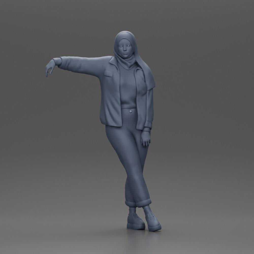 Diorama model building product photo 6: Diorama figure woman with headscarf and jacket, leaning against car, arm outstretched (Ref No. A59)