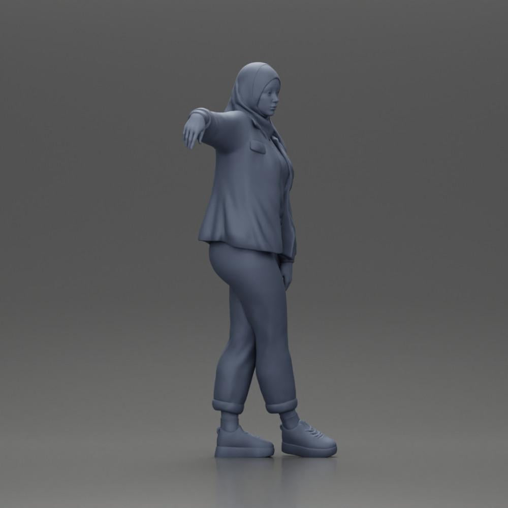 Diorama model building product photo 7: Diorama figure woman with headscarf and jacket, leaning against the car, arm extended (Ref No. A59)