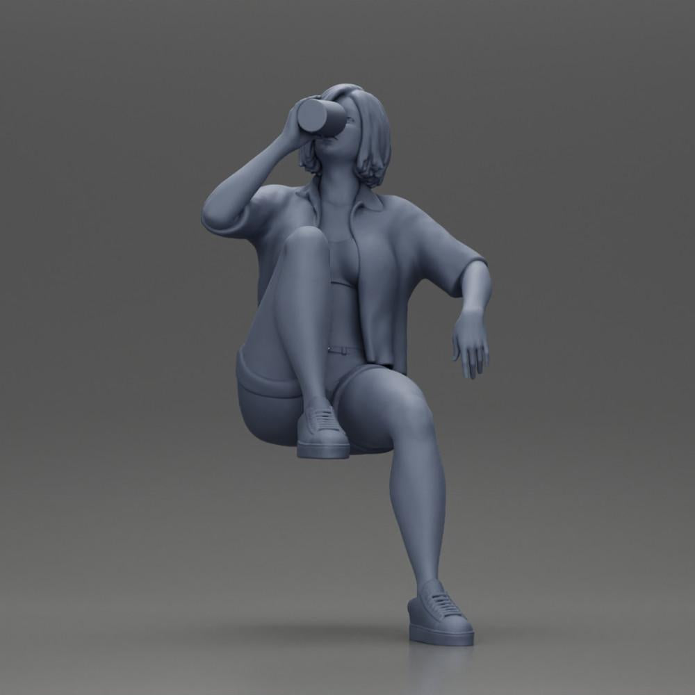 Diorama model building product photo 7: Miniature: Young woman sitting on a chair, drawn leg, drinking from a cup (Ref No. A57)