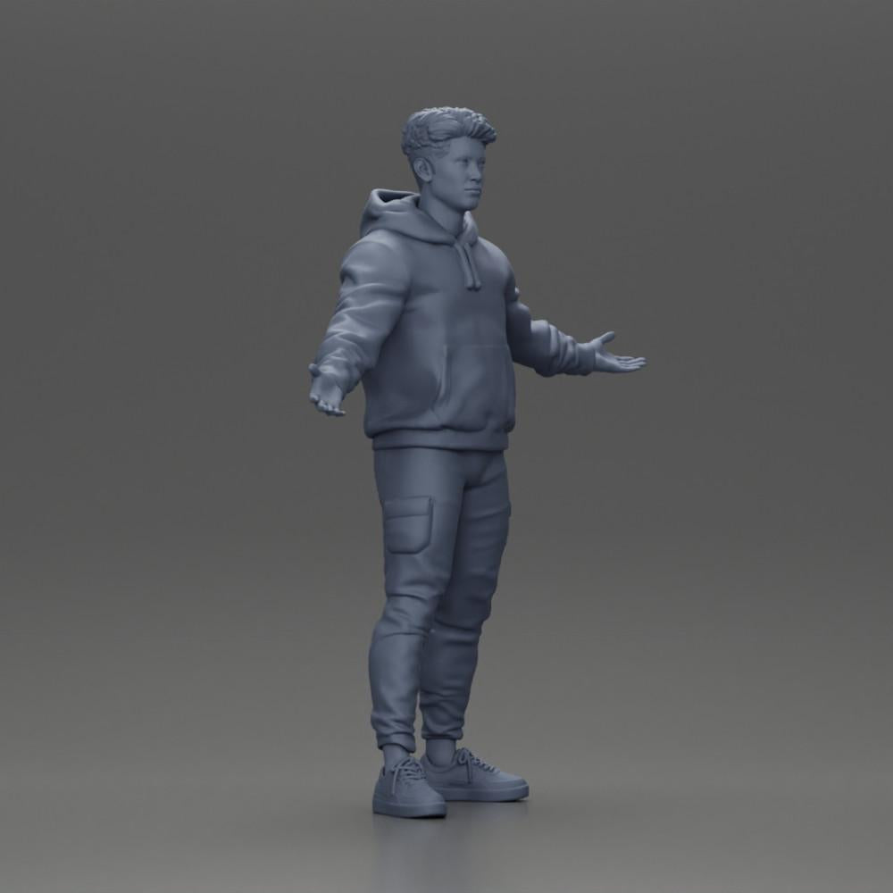 Diorama Modellbau Produktfoto 7: Miniaturfigur Asiatischer Mann in Kapuzenpullover, Arme seitlich erhoben (Ref Nr. A60)