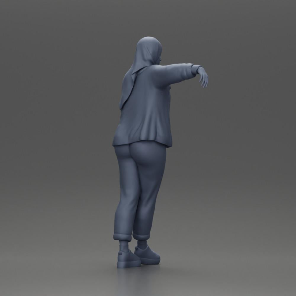 Diorama model building product photo 8: Diorama figure woman with headscarf and jacket, leaning against a car, arm outstretched (Ref No. A59)