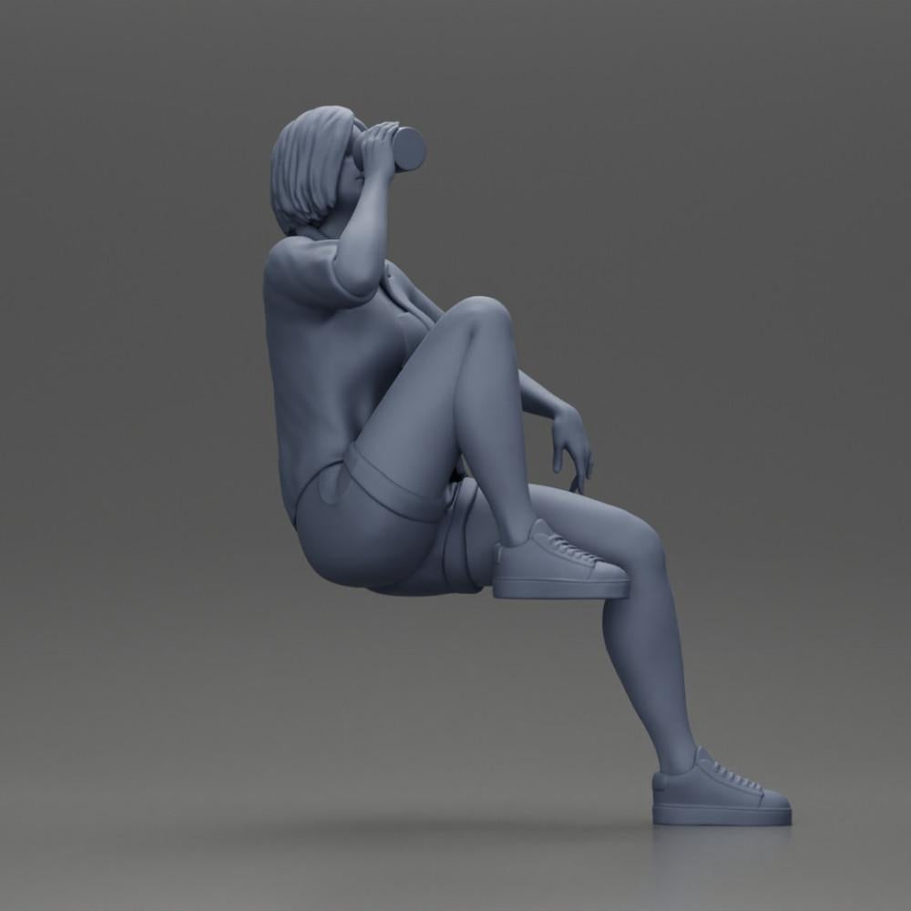 Diorama model building product photo 8: miniature: seated young woman on chair, drawn leg, drinking from a cup (Ref No. A57)