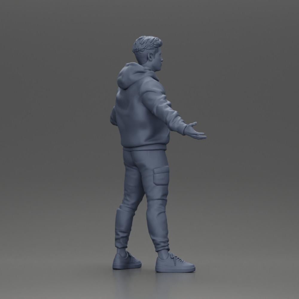 Diorama Modellbau Produktfoto 8: Miniaturfigur Asiatischer Mann in Kapuzenpullover, Arme seitlich erhoben (Ref Nr. A60)