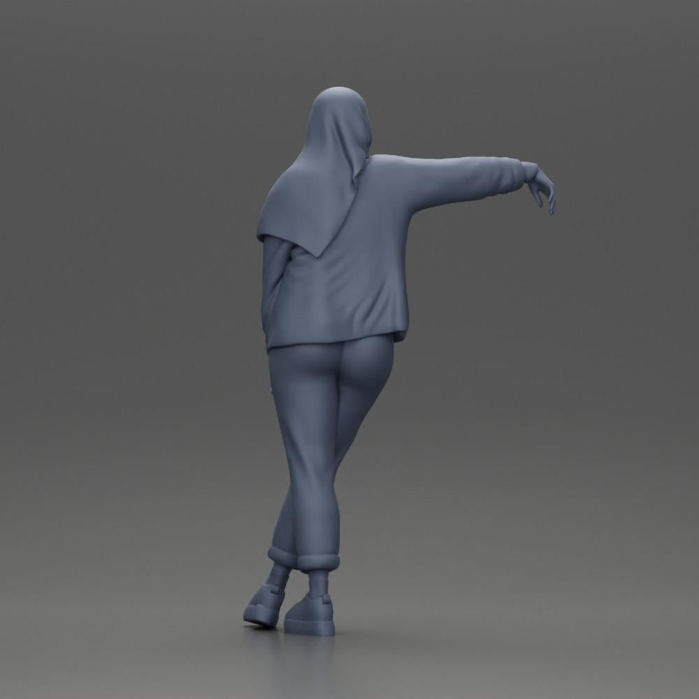 Diorama model building product photo 9: diorama figure woman with headscarf and jacket, leaning against a car, arm outstretched (Ref No. A59)