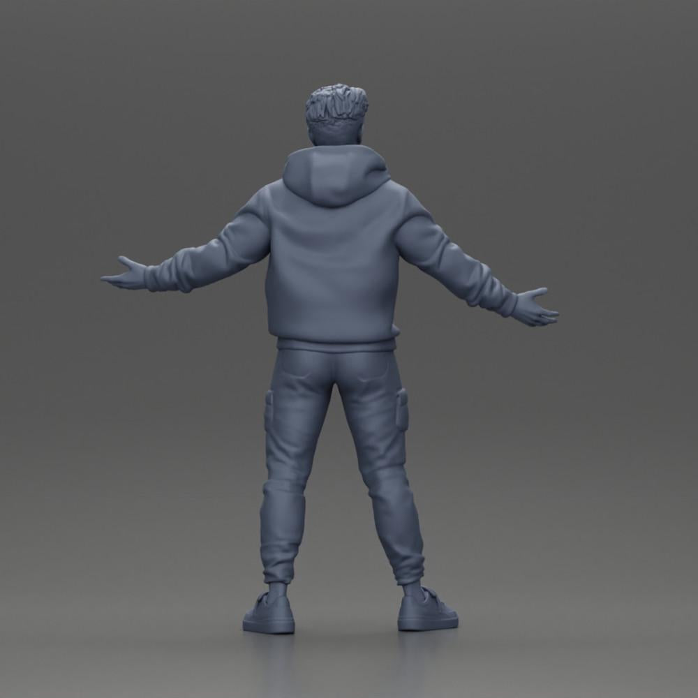 Diorama Modellbau Produktfoto 9: Miniaturfigur Asiatischer Mann in Kapuzenpullover, Arme seitlich erhoben (Ref Nr. A60)