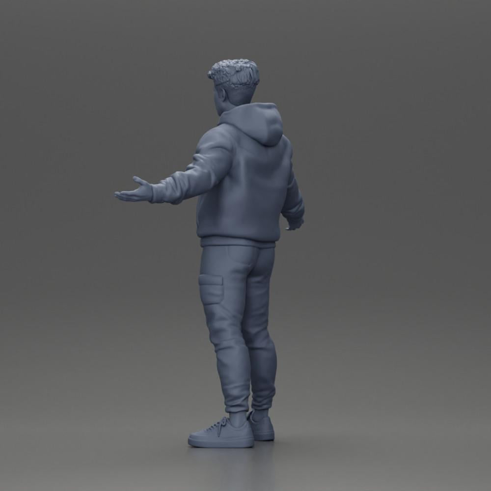 Diorama Modellbau Produktfoto 10: Miniaturfigur Asiatischer Mann in Kapuzenpullover, Arme seitlich erhoben (Ref Nr. A60)