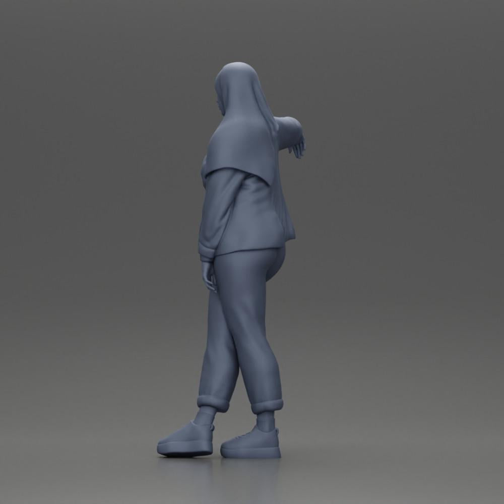 Diorama model building product photo 10: Diorama figure woman with headscarf and jacket, leaning against a car, arm outstretched (Ref No. A59)