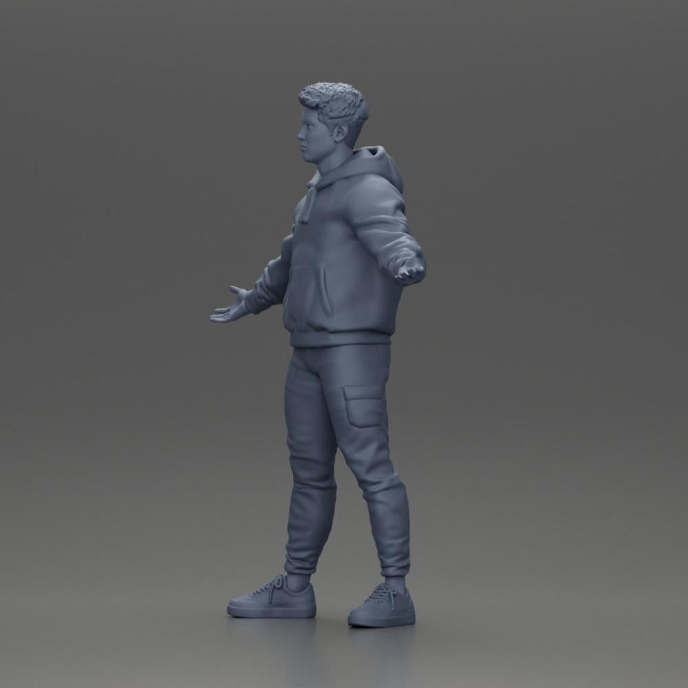 Diorama Modellbau Produktfoto 11: Miniaturfigur Asiatischer Mann in Kapuzenpullover, Arme seitlich erhoben (Ref Nr. A60)