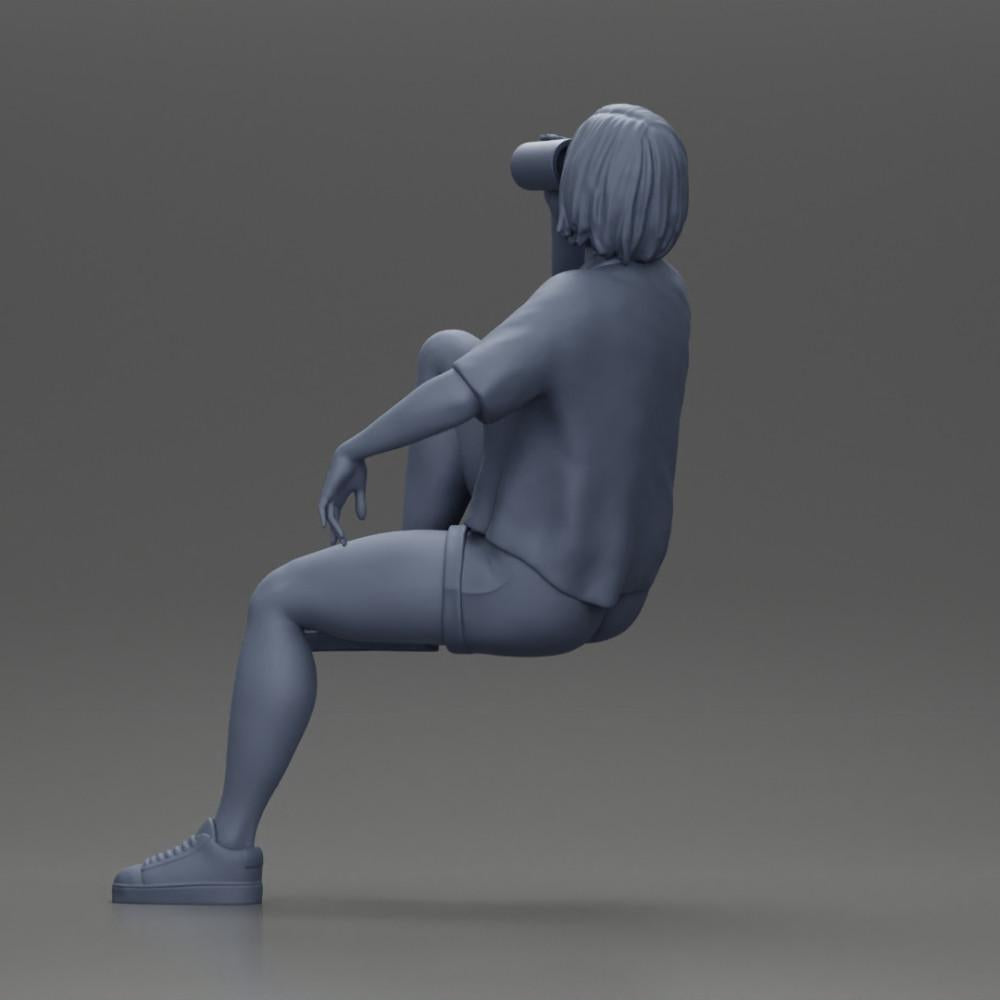 Diorama model building product photo 11: Miniature: Sitting young woman on chair, drawn leg, drinking from a cup (Ref No. A57)