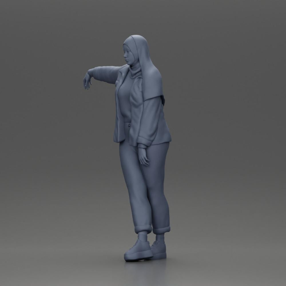 Diorama model building product photo 11: Diorama figure woman with headscarf and jacket, leaning against the car, arm extended (Ref No. A59)