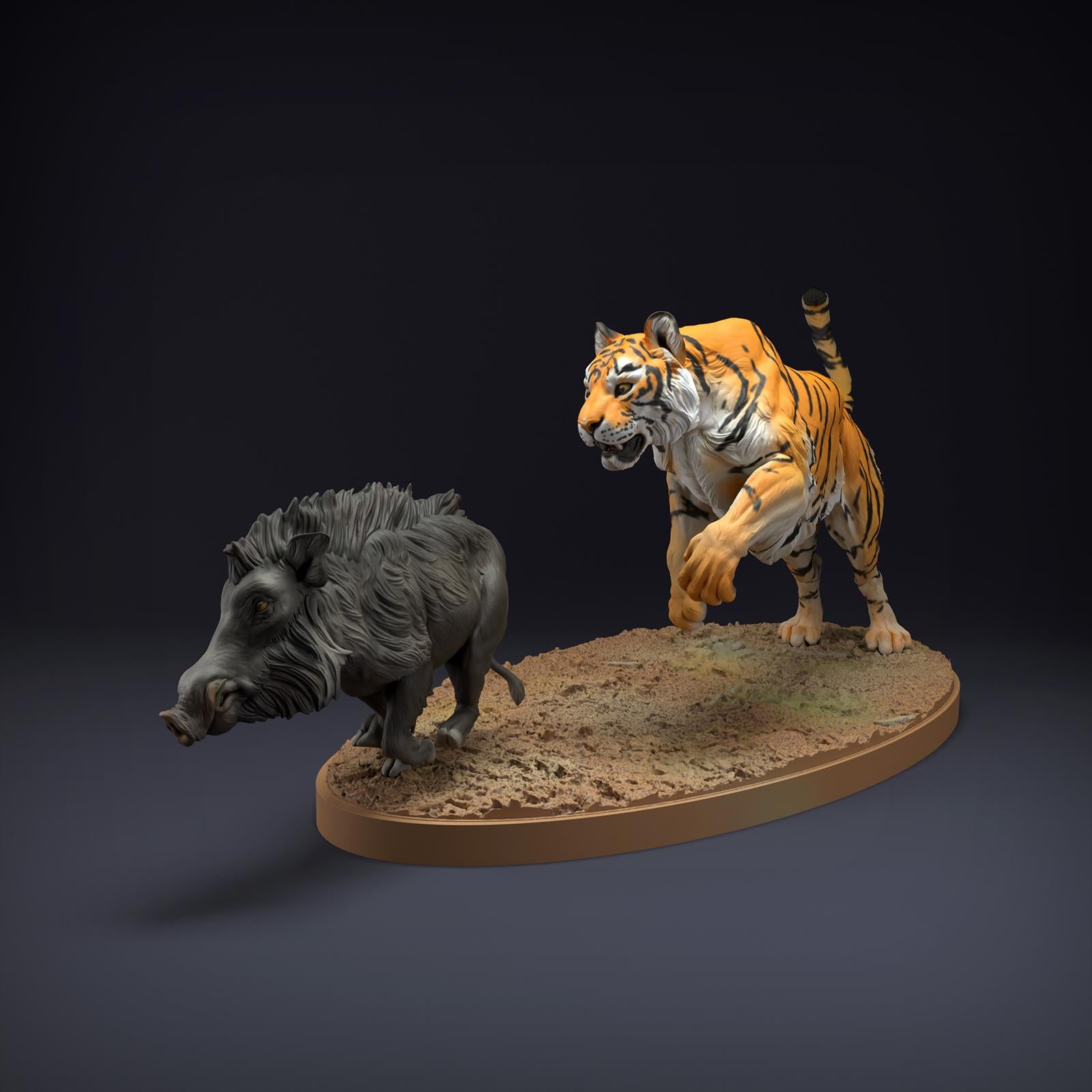 Product photo Animal Figure Diorama, Model Building: 0: Wildlife Figures: Bengal Tiger and Indian Wild Boar – Hunting Scene (Ref 01_01_81)