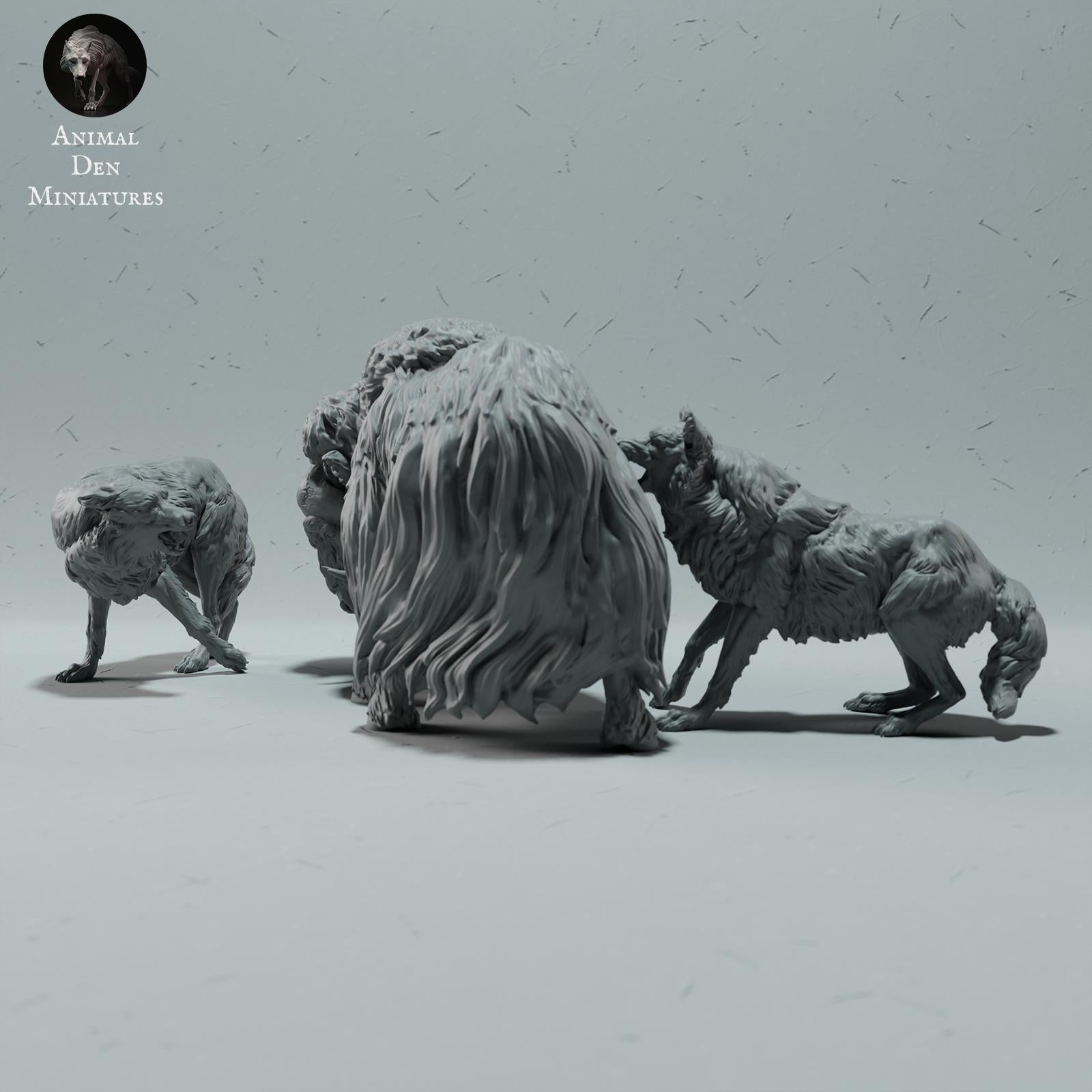 Product photo Animal Figure Diorama, Model Building: 0: Wildlife Figures: Arctic Wolves Hunting Musk Ox (Ref 01_01_62)