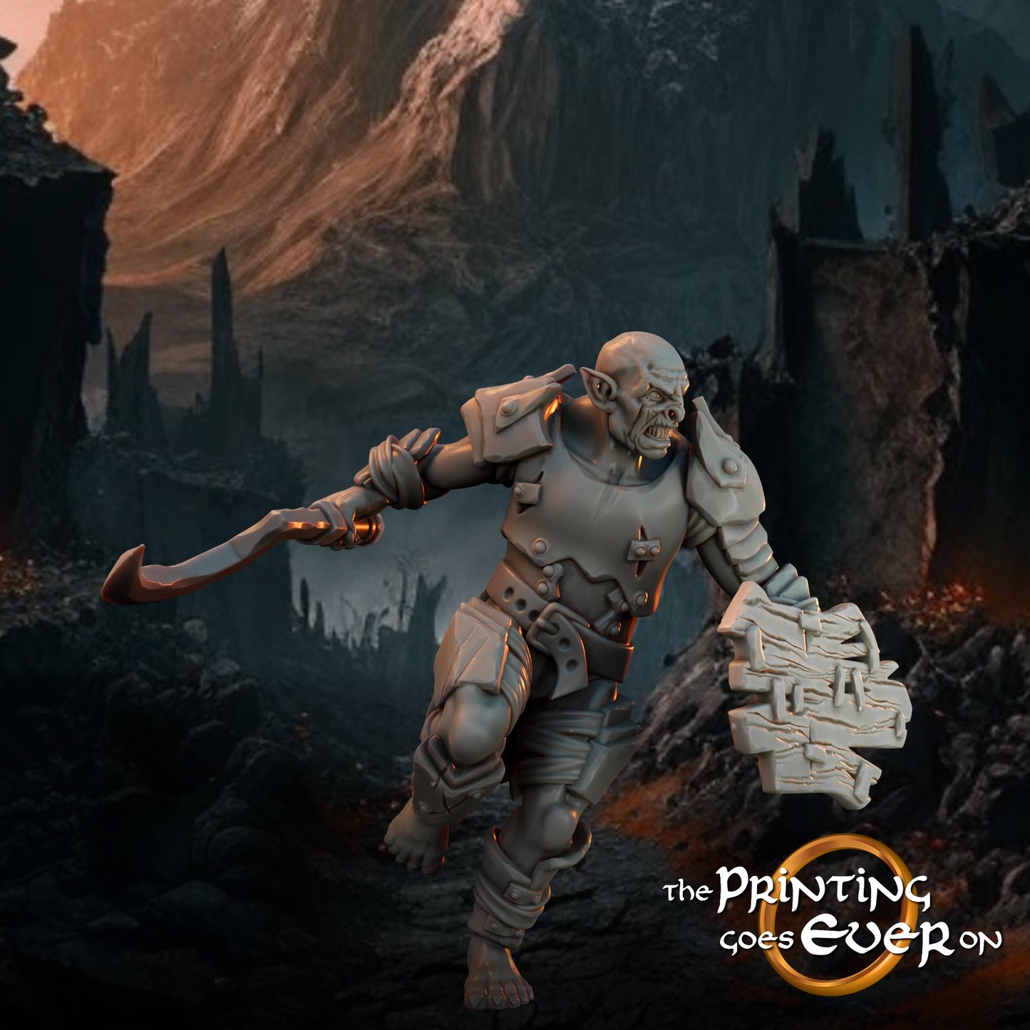 Product photo Tabletop 28mm The Printing Goes Ever On (TPGEO) 0: Orc Plunderer B: Marauder Combat Squad of Evil with Standard - Attacker of the White City