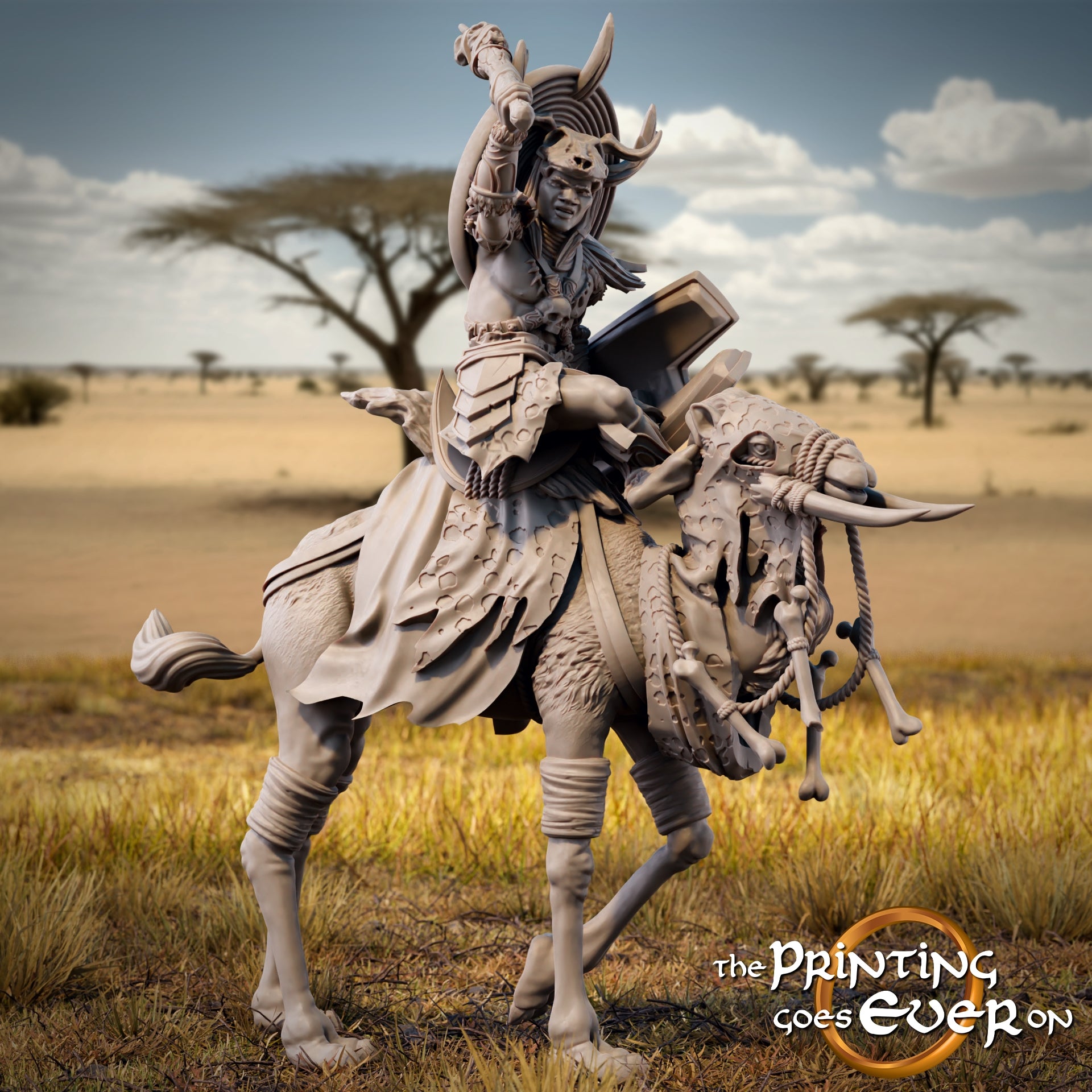 Product photo Tabletop 28mm The Printing Goes Ever On (TPGEO) 0: Savanna Riders: Proud native tribe with chieftain on camels