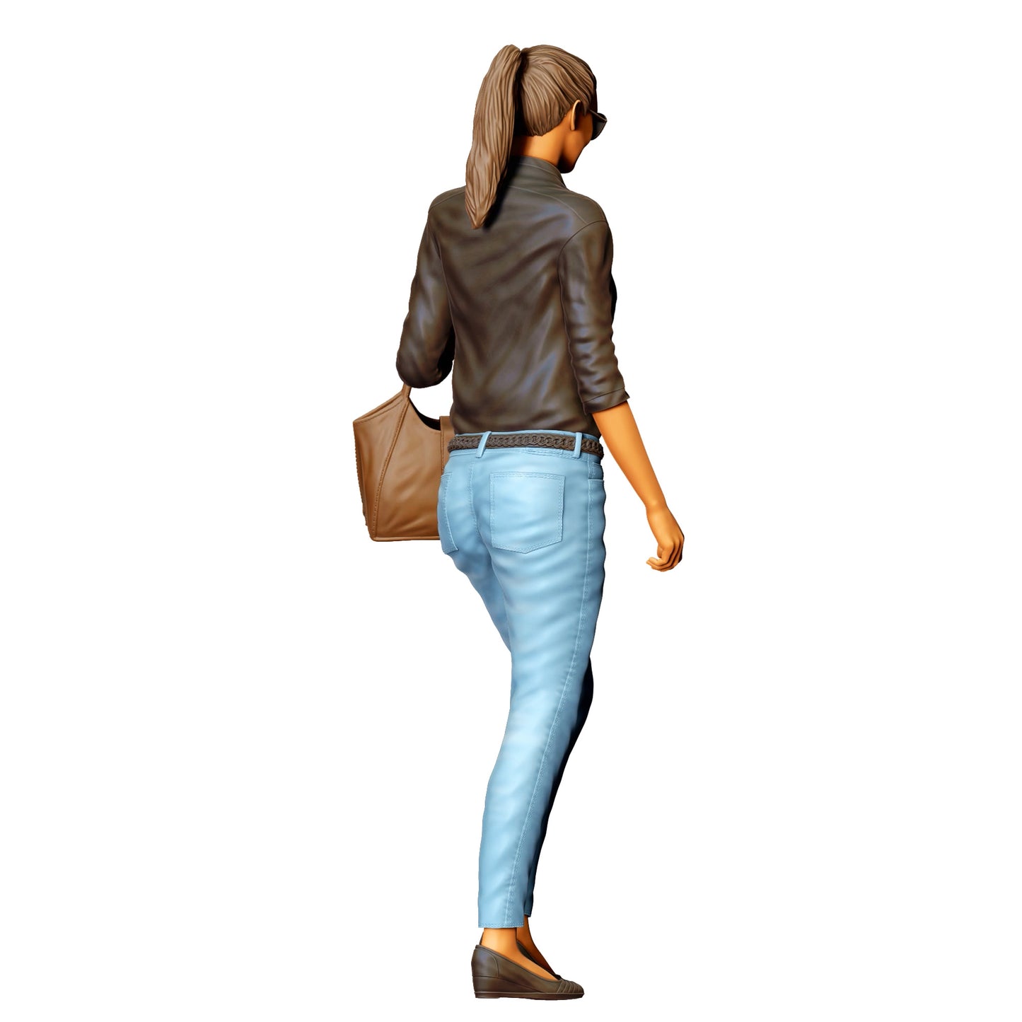 Woman with sunglasses and handbag – figure in jeans and leather jacket (Ref. No. 423)