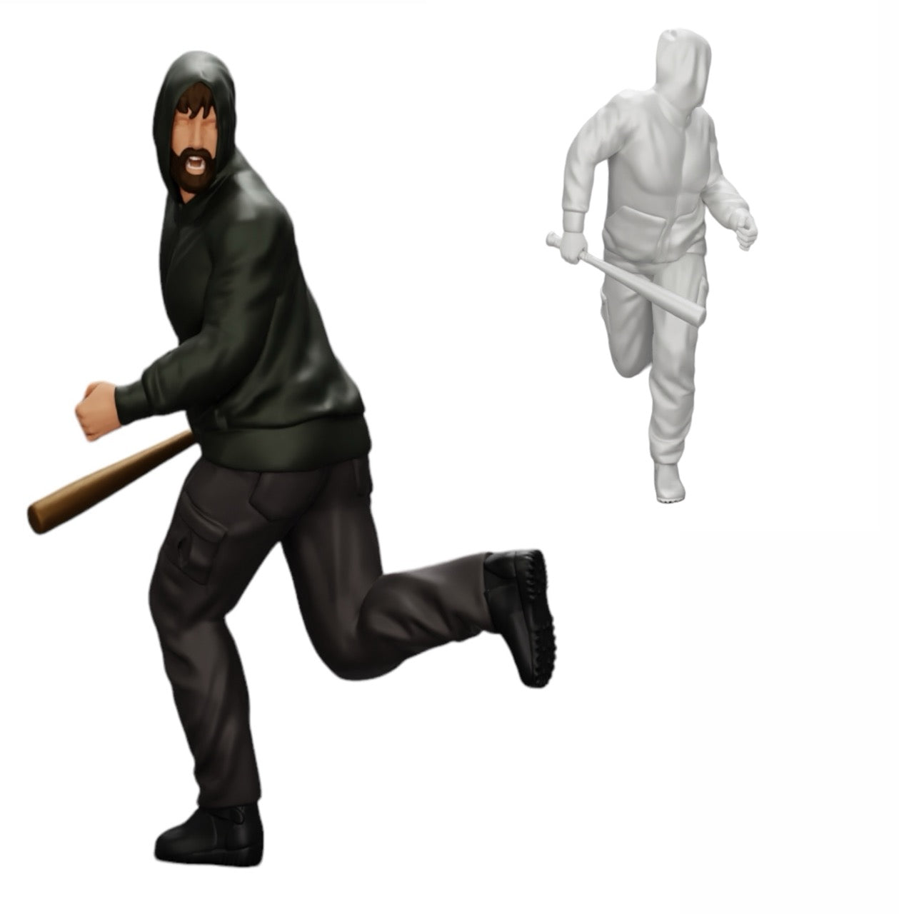 Diorama model building product photo 0: Gangster in hoodie with baseball bat on the run (Ref No. A1)