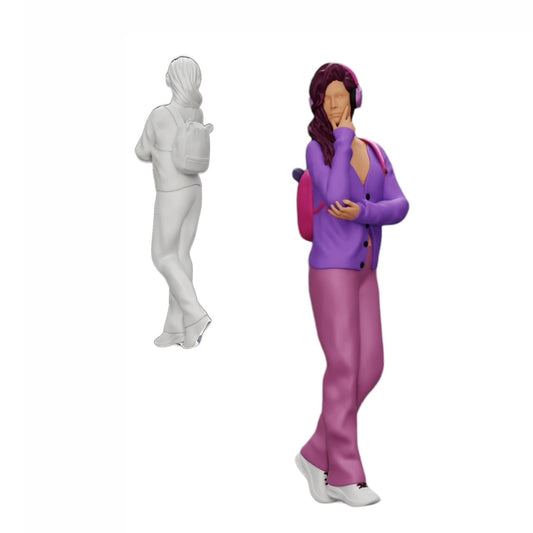 Diorama model building product photo 0: Pensive young woman with headphones and backpack listening to music (Ref No. A25)
