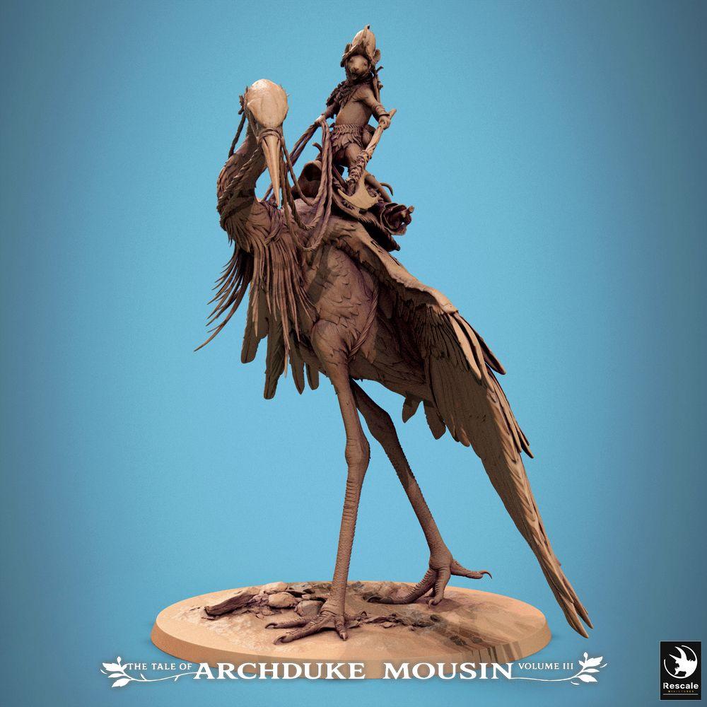 Product photo Tabletop 28mm Lord of the Print (LotP) 0: Fantasy figure: Beastman Mouse Knight on Heron, Bird Rider Scout, Light Cavalry, Rider Hero Heron Walk (25_07_D3)