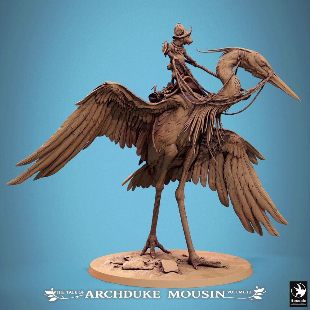 Product photo Tabletop 28mm Lord of the Print (LotP) 1: Fantasy figure: Beastman Mouse Knight on Heron, Bird Rider Scout, Light Cavalry, Rider Hero Heron Walk (25_07_D3)