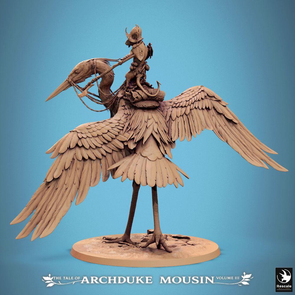 Product photo Tabletop 28mm Lord of the Print (LotP) 2: Fantasy figure: Beastman Mouse Knight on Heron, Bird Rider Scout, Light Cavalry, Rider Hero Heron Walk (25_07_D3)