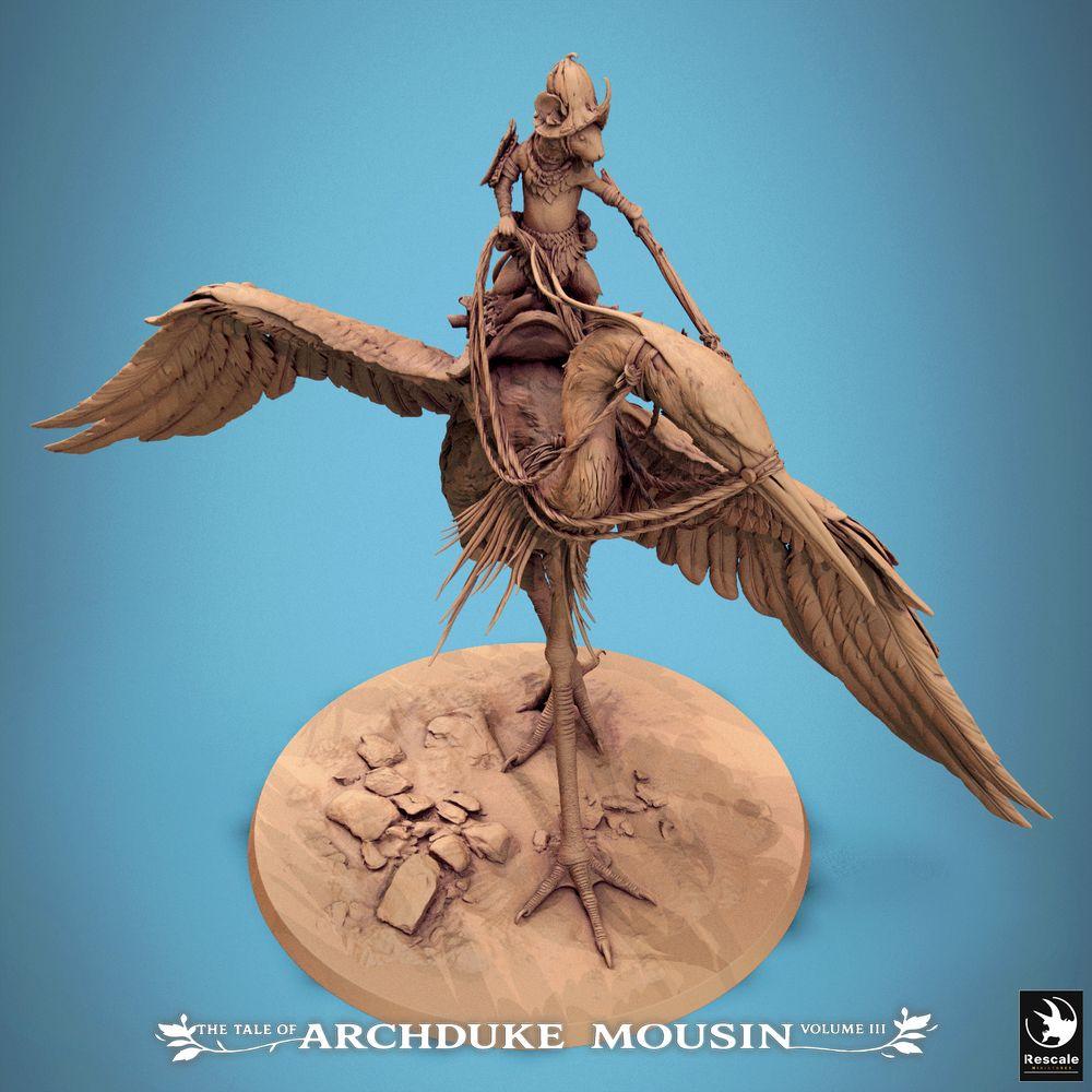 Product photo Tabletop 28mm Lord of the Print (LotP) 3: Fantasy figure: Beastman Mouse Knight on Heron, Bird Rider Scout, Light Cavalry, Rider Hero Heron Walk (25_07_D3)