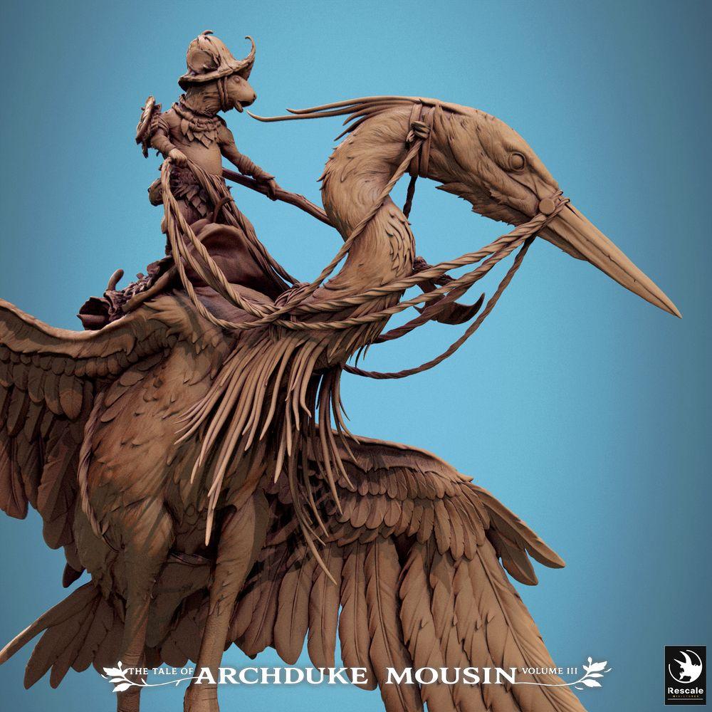Product photo Tabletop 28mm Lord of the Print (LotP) 4: Fantasy figure: Beastman Mouse Knight on Heron, Bird Rider Scout, Light Cavalry, Heroic Rider Heron Walk (25_07_D3)