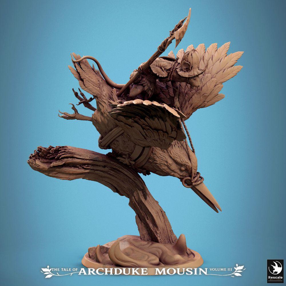 Product photo Tabletop 28mm Lord of the Print (LotP) 1: Tabletop miniature: Mouse Knight on Kingfisher, Bird Rider Halberdier in Dive, Cavalry Champion (Kingfisher Fall) (25_07_F1)