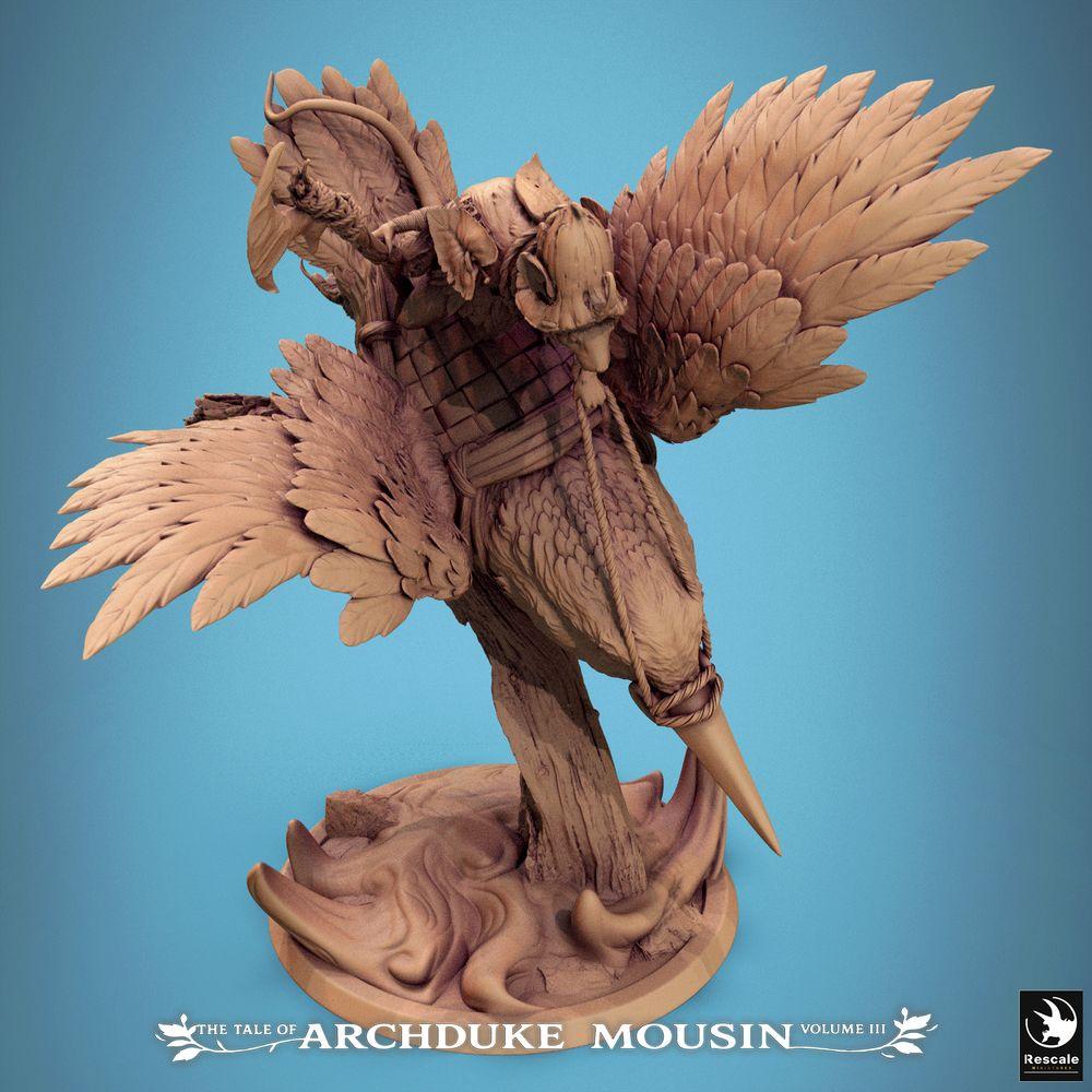 Product photo Tabletop 28mm Lord of the Print (LotP) 2: Tabletop miniature: Mouse Knight on Kingfisher, Bird Rider Halberdier in Dive, Cavalry Champion (Kingfisher Fall) (25_07_F1)