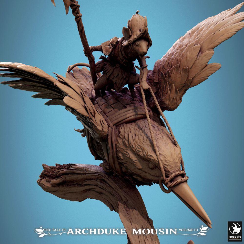 Product photo Tabletop 28mm Lord of the Print (LotP) 3: Tabletop miniature: Mouse Knight on Kingfisher, Bird Rider Halberdier in Dive, Cavalry Champion (Kingfisher Fall) (25_07_F1)